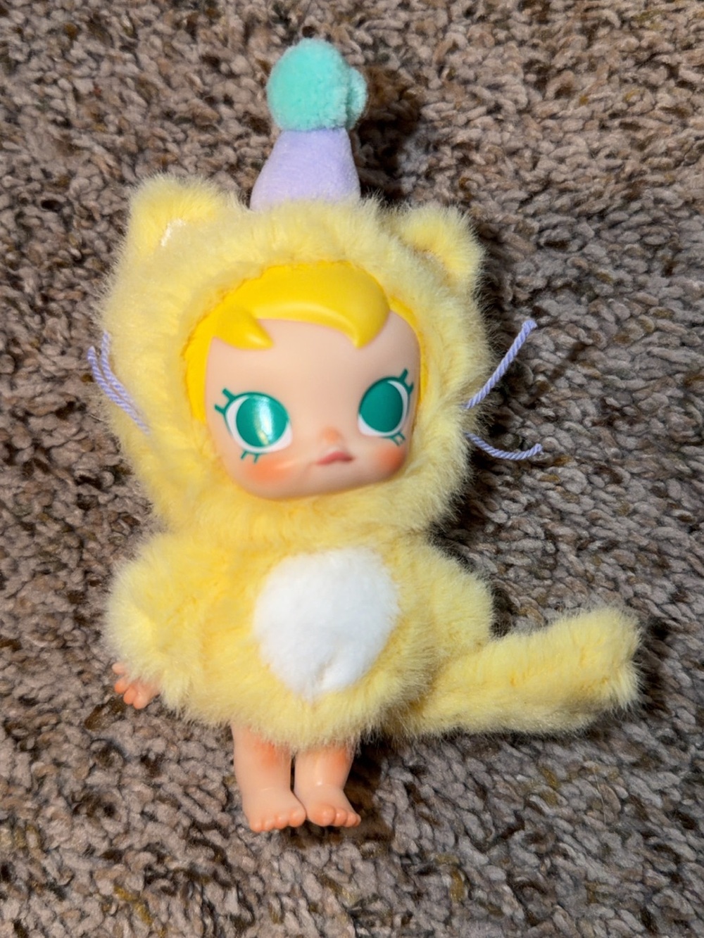Plush Yellow Kitty Doll with Teal Eyes and Party Hat